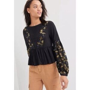 Anthropologie Black Peplum Top with Gold Sequin Accents
